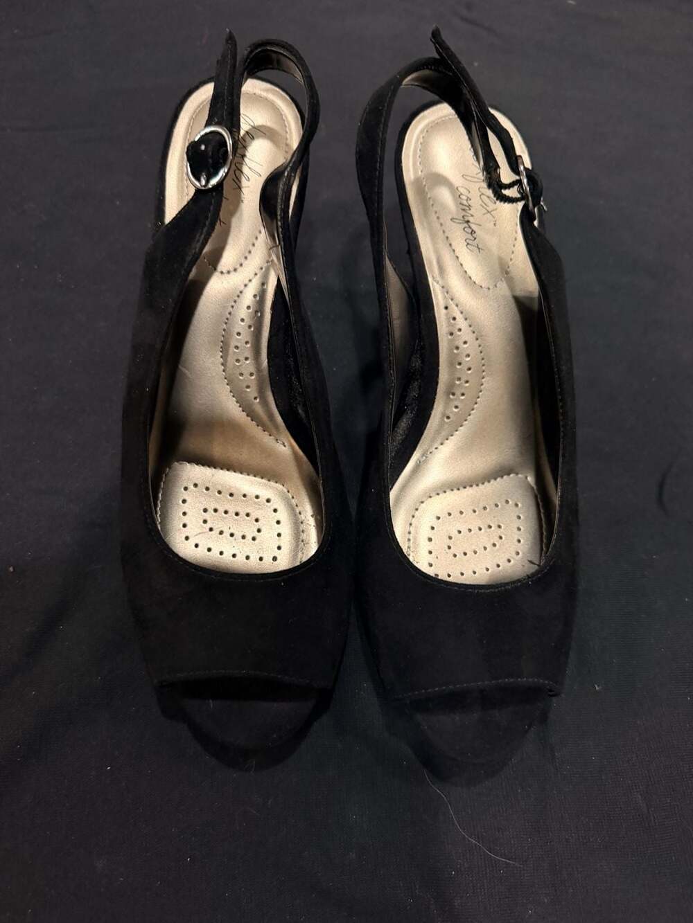 Dexflex Comfort Black Suede Peep Toe Slingback Heels Size 7W